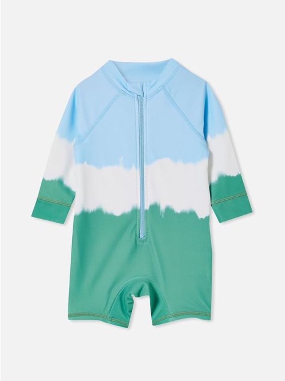 Cotton On Kids Zip-Front Rashguard Swimsuit in Light Blue, White & Green